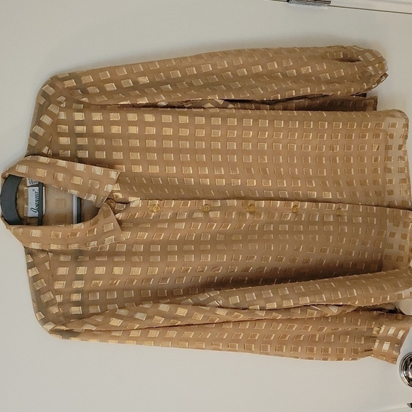 VTG Joanna Gold Geometric Sheer Button Down Long Sleeve Holiday Shirt - Picture 3 of 7